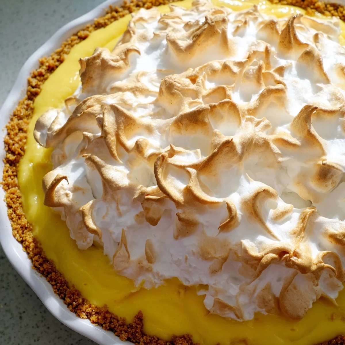 Homemade Lemon Meringue Pie with a golden-brown, toasted meringue topping, showcasing the bright yellow lemon curd filling inside a graham cracker crust.