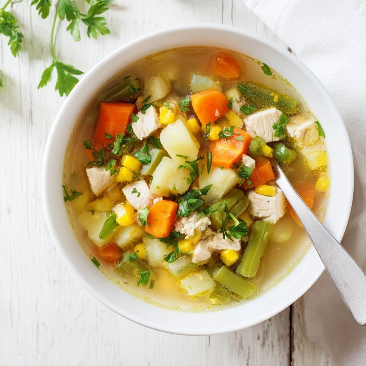 A steaming bowl of homemade Chicken Vegetable Soup featuring tender chicken pieces, diced carrots, potatoes, and green beans in a savory golden broth.