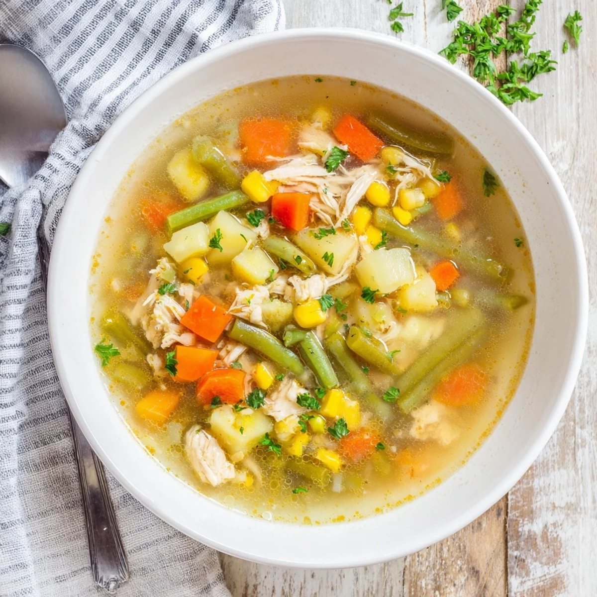 Cozy Chicken Vegetable Soup served in a rustic bowl, surrounded by fresh ingredients like diced potatoes, herbs, and a loaf of crusty bread.