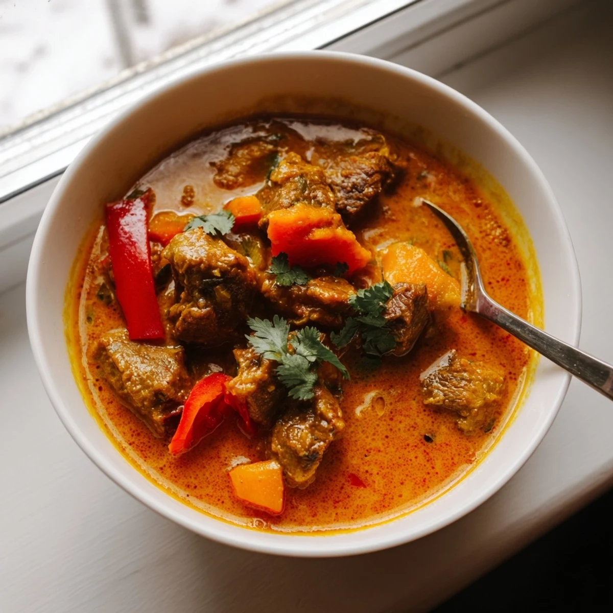 Steaming Slow Cooker Beef Curry served over fluffy basmati rice, garnished with vibrant cilantro and rich, aromatic sauce.