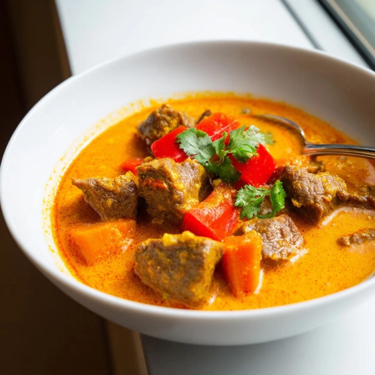 A comforting bowl of Slow Cooker Beef Curry, featuring meltingly tender beef in a deep, golden curry sauce beside a pile of white rice.