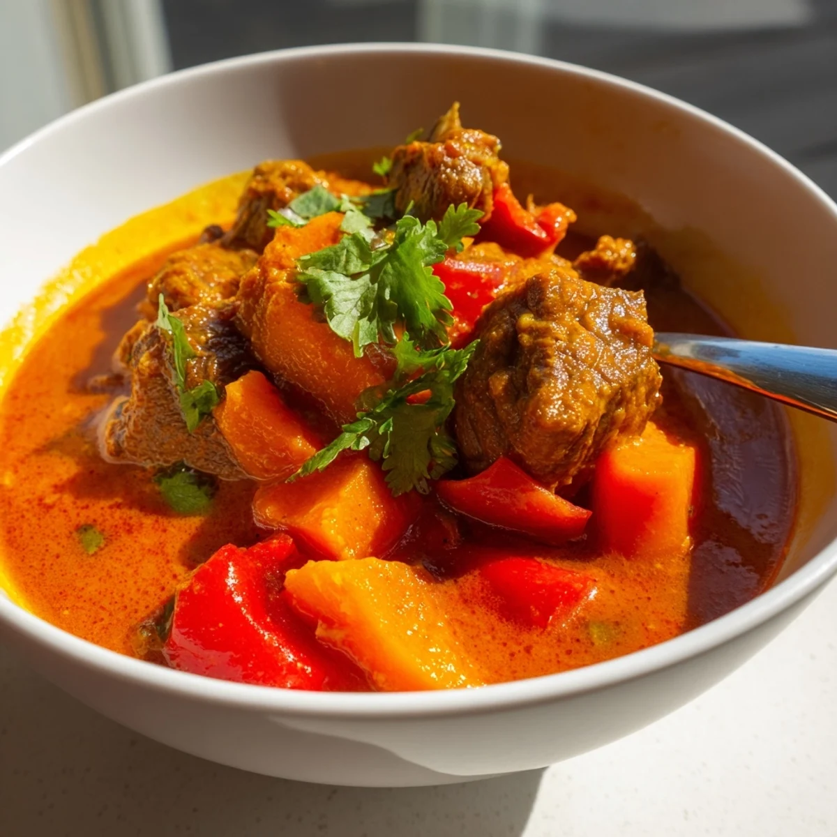 Tender chunks of Slow Cooker Beef Curry simmered with carrots and bell peppers in a creamy coconut broth, ready to serve.