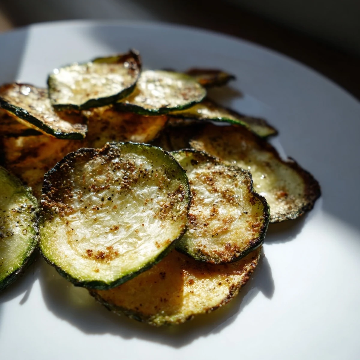 Golden-baked Crispy Zucchini Chips glisten with olive oil and smoked paprika, arranged in a single layer on parchment paper.
