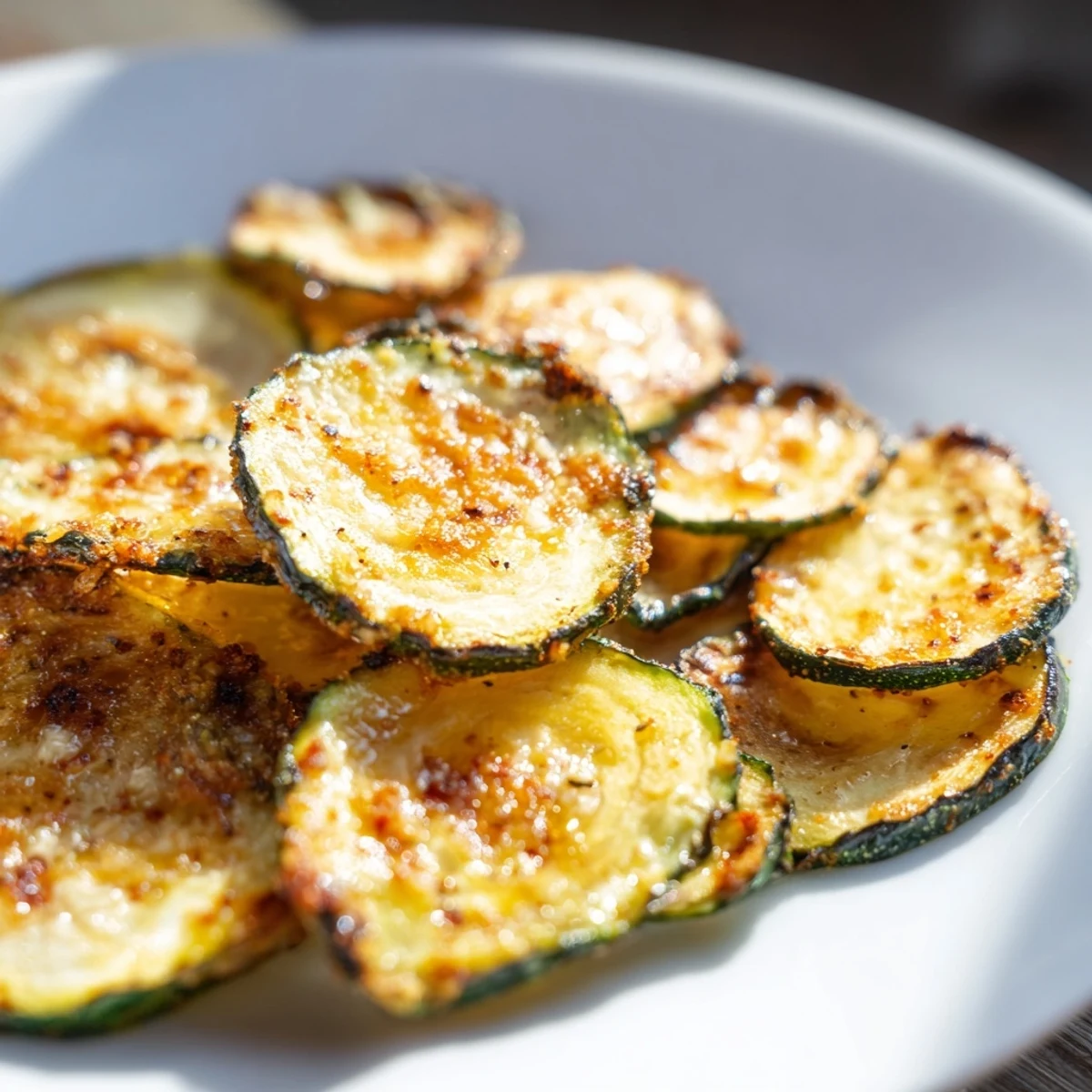 Crispy Zucchini Chips cool on a wire rack, showing their light golden edges and thin, crunchy texture for snacking.