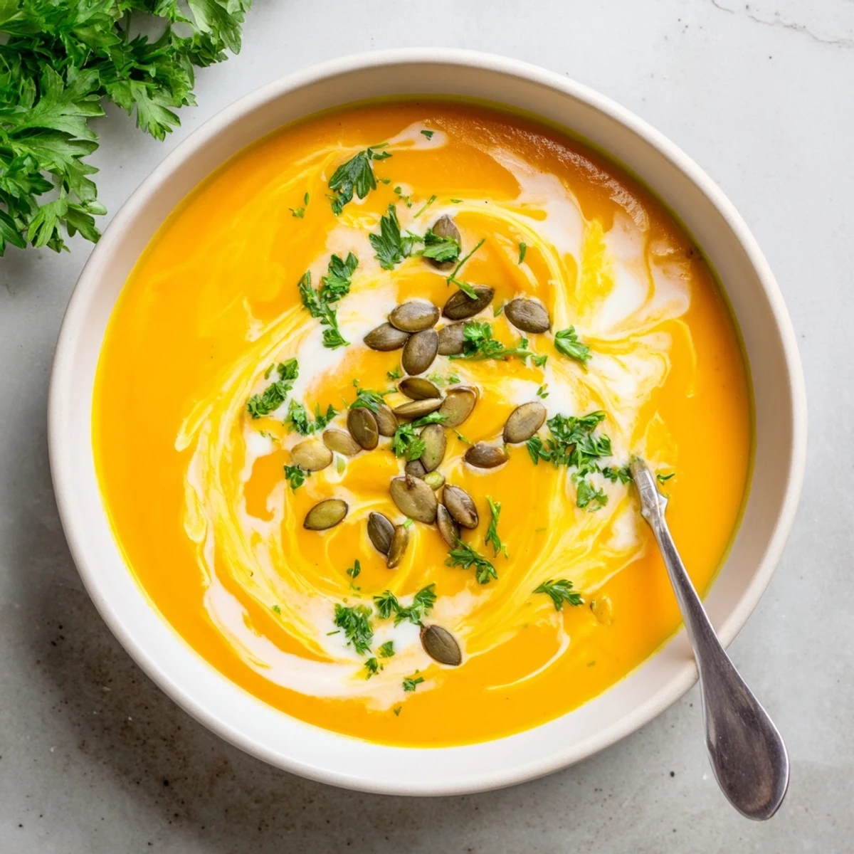 Velvety Roasted Butternut Squash Soup in a rustic bowl, garnished with parsley and pumpkin seeds, steaming warmly on a wooden table.