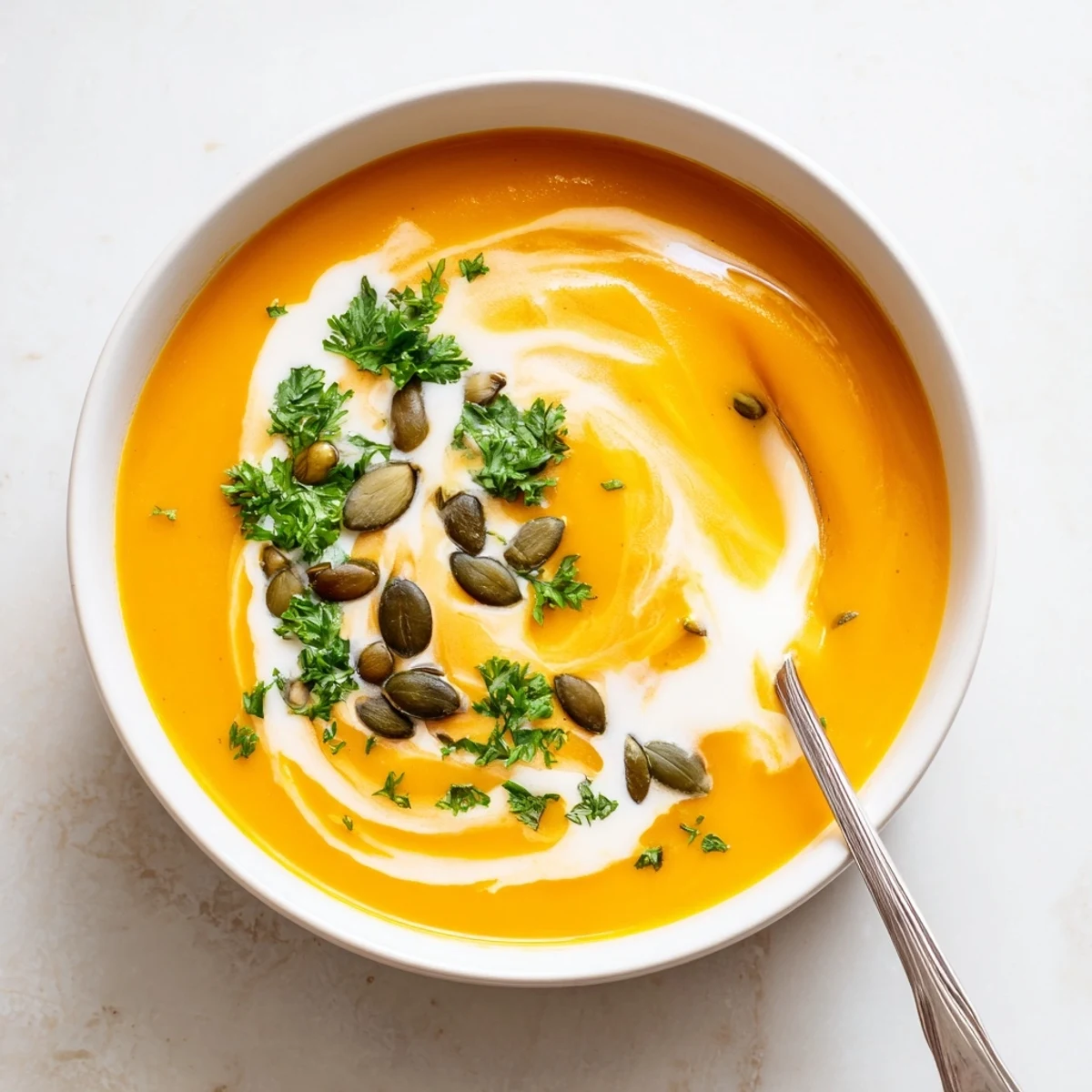 A warm bowl of Roasted Butternut Squash Soup, garnished with cream swirls and roasted pumpkin seeds, beside crusty bread slices.