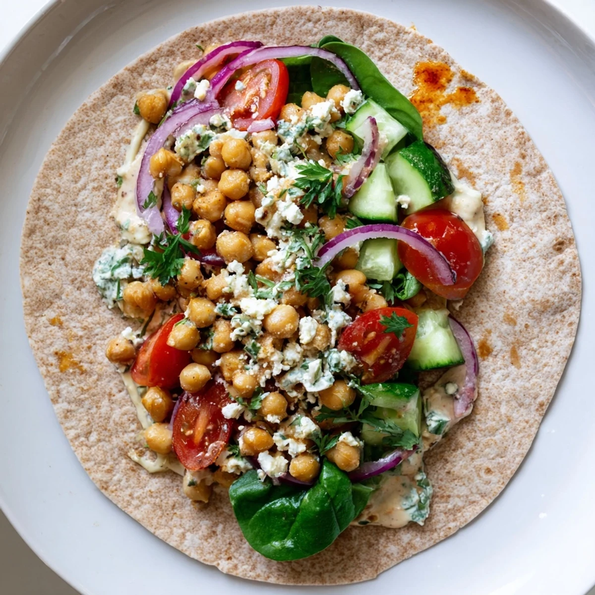 A close-up of a vibrant Mediterranean Chickpea Wrap, showcasing spiced chickpeas, diced cucumber, and cherry tomatoes nestled in a whole wheat tortilla with creamy tahini-yogurt sauce.  