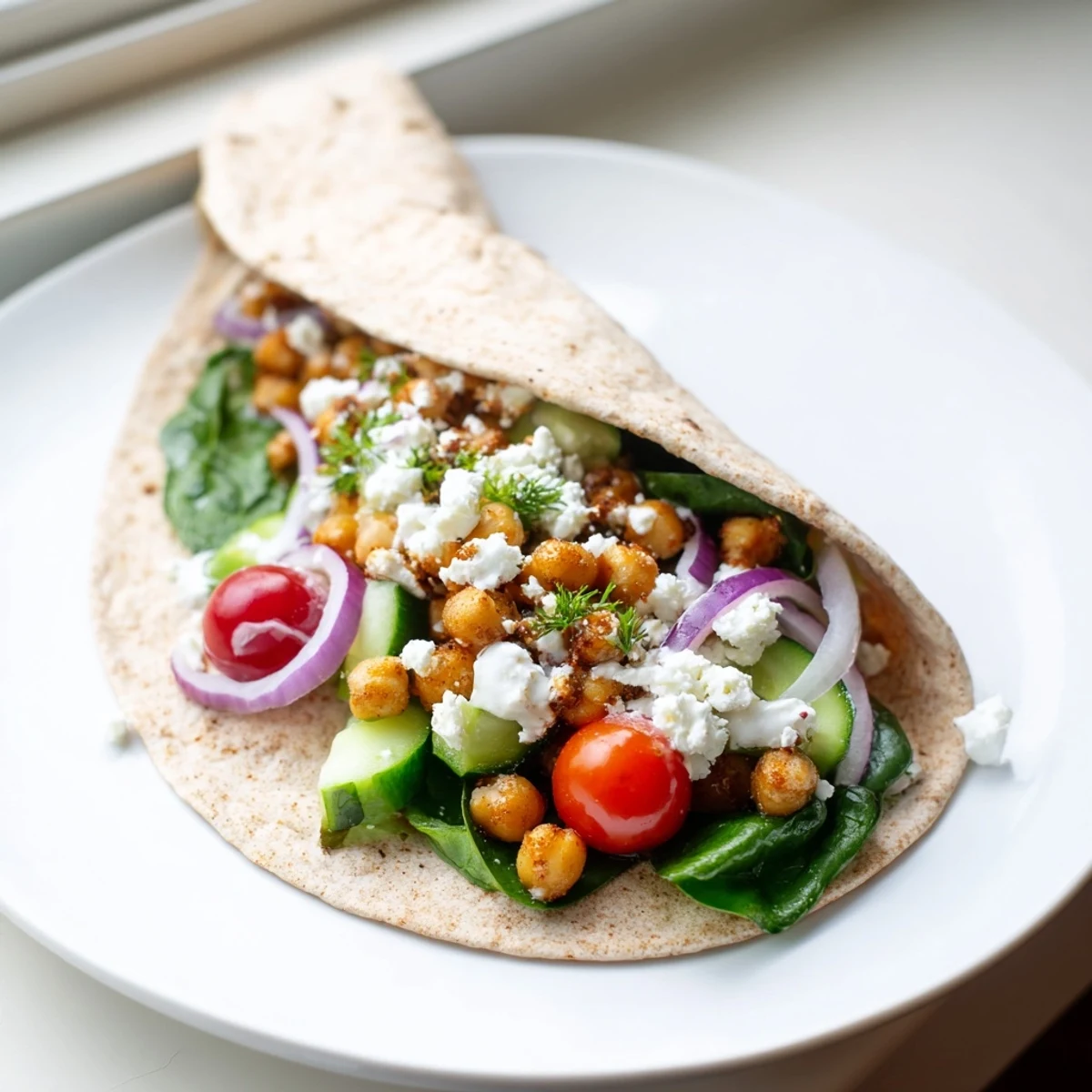 Freshly prepared Mediterranean Chickpea Wraps sliced in half to reveal layers of spinach, red onion, and feta cheese, served on a rustic wooden board.  