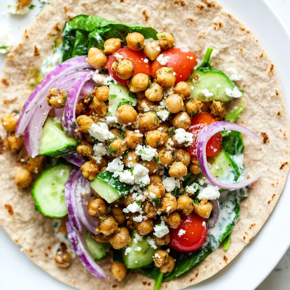 A hearty Mediterranean Chickpea Wrap held by hand, filled with golden-brown sautéed chickpeas and vibrant vegetables, perfect for a light and protein-packed lunch.