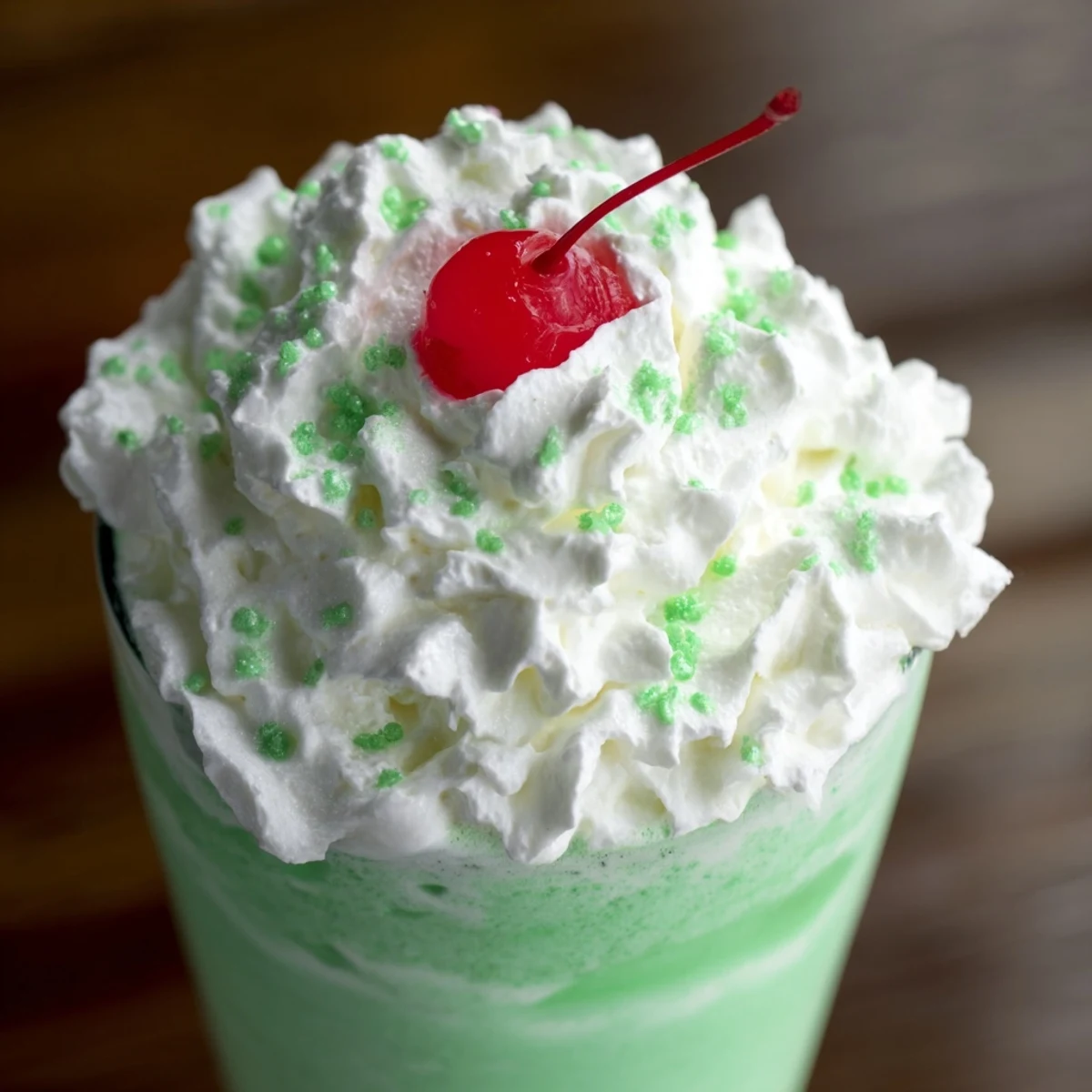 A creamy green Shamrock Shake with whipped cream and a cherry, ready to sip through a straw.