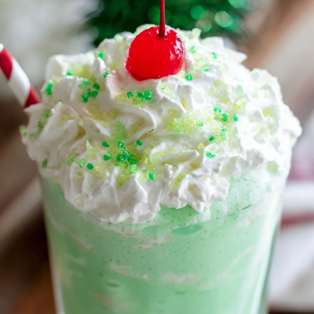 Refreshing minty Shamrock Shake garnished with whipped cream, a cherry, and vibrant green hues for a festive treat.