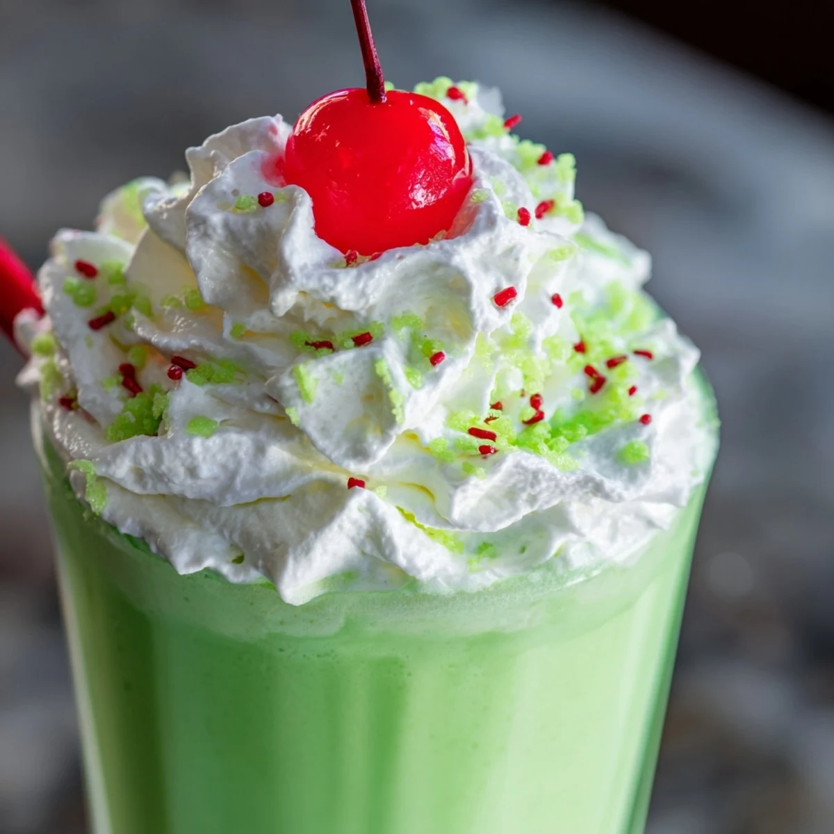 Two tall glasses of Shamrock Shake topped with fluffy whipped cream and bright green sprinkles for St. Patrick's Day.