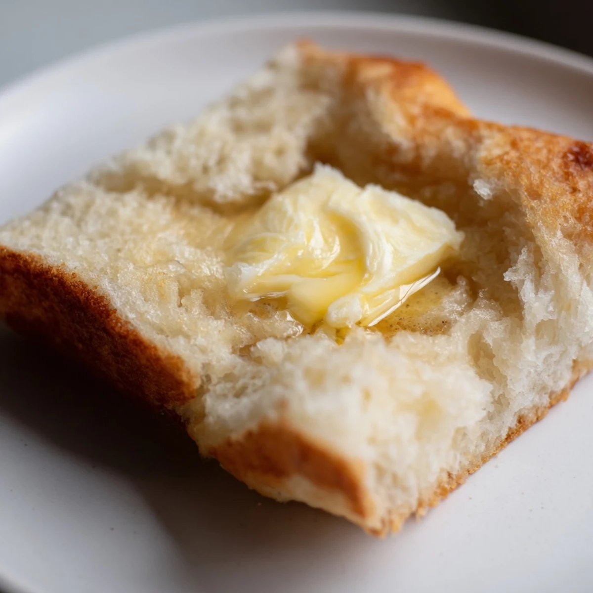 A close-up of warm Irish Potato Bread with Butter, showing its soft, pillowy interior.  