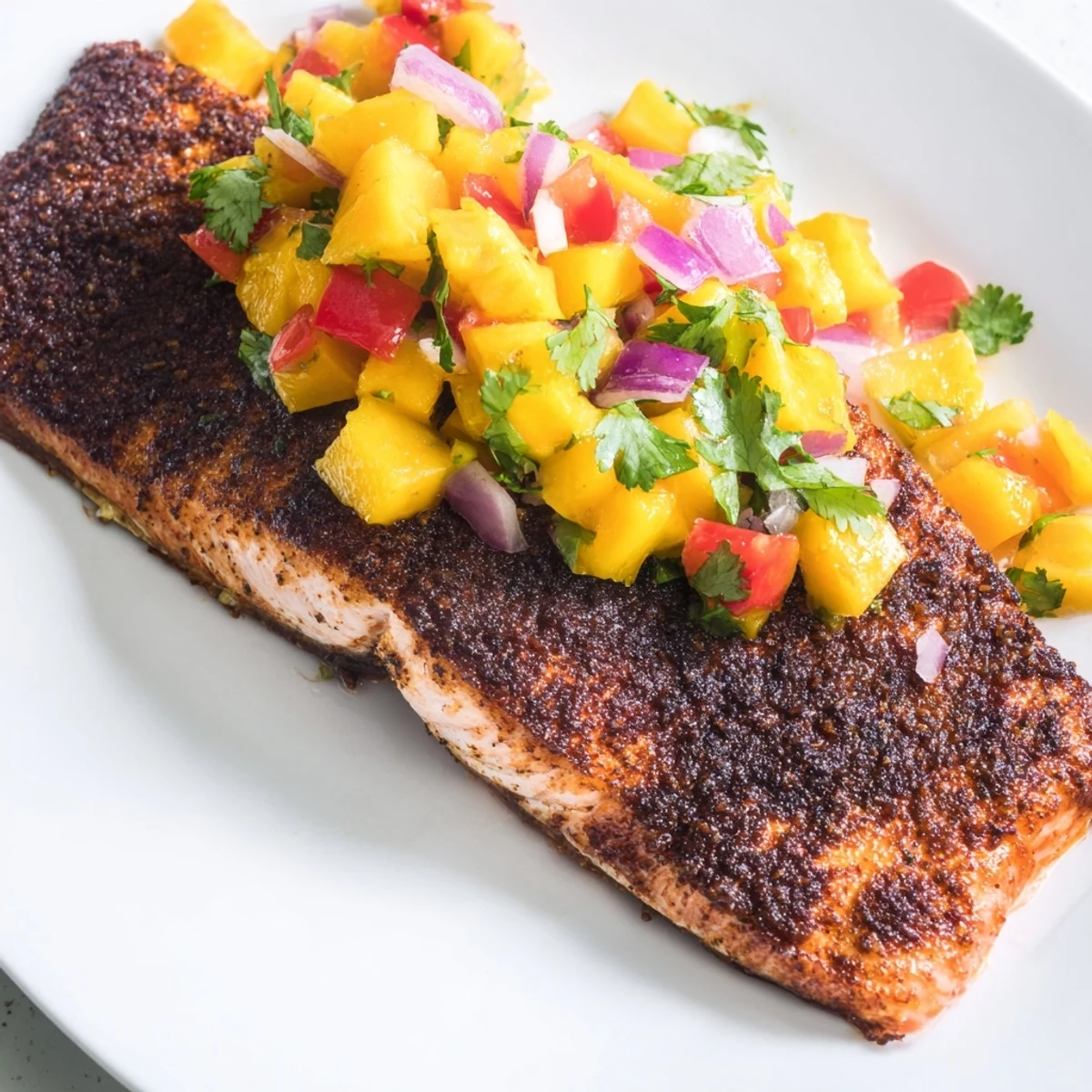 A close-up of blackened salmon with mango salsa piled high on a plate, garnished with fresh cilantro.  