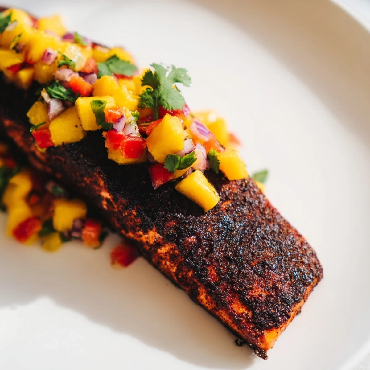 A seared blackened salmon fillet topped with vibrant mango salsa and fresh lime wedges on a plate.  