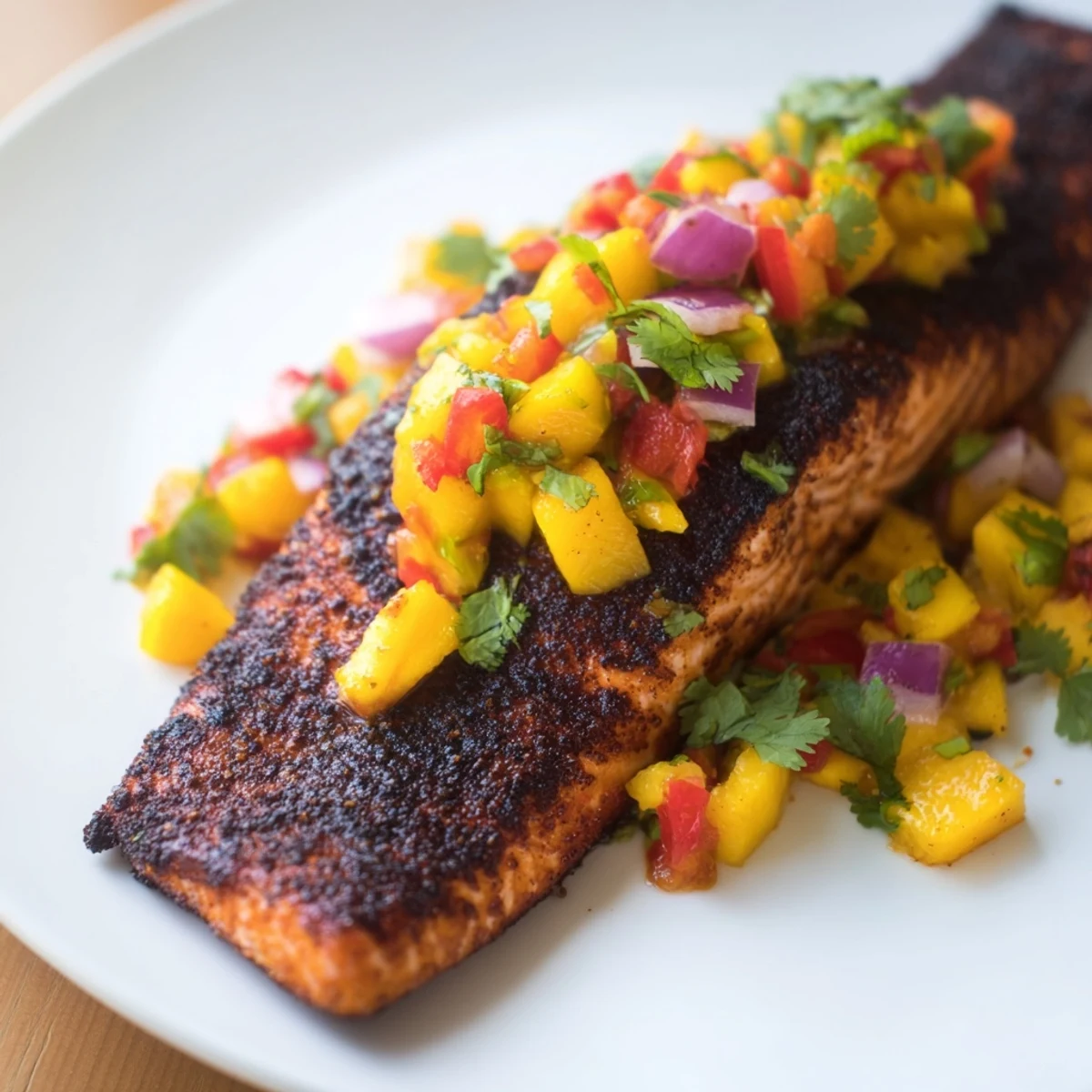 Blackened salmon with mango salsa served over coconut rice, drizzled with fresh lime juice.