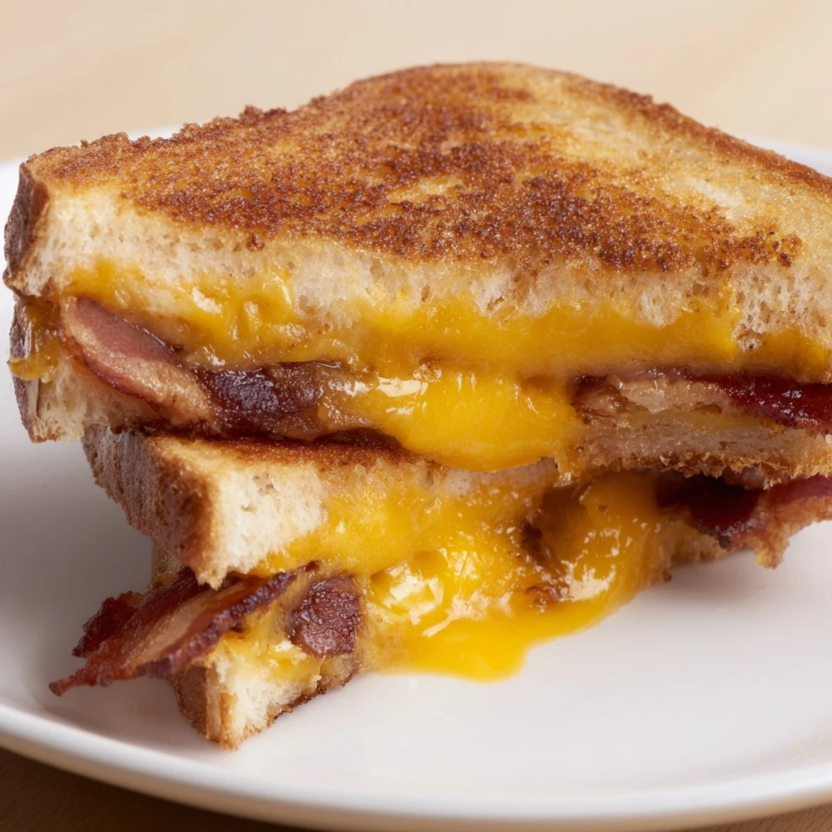 Crispy beef bacon and melted cheddar peek from golden, buttery slices of this hearty Gridiron Grilled Cheese, perfect for game day.