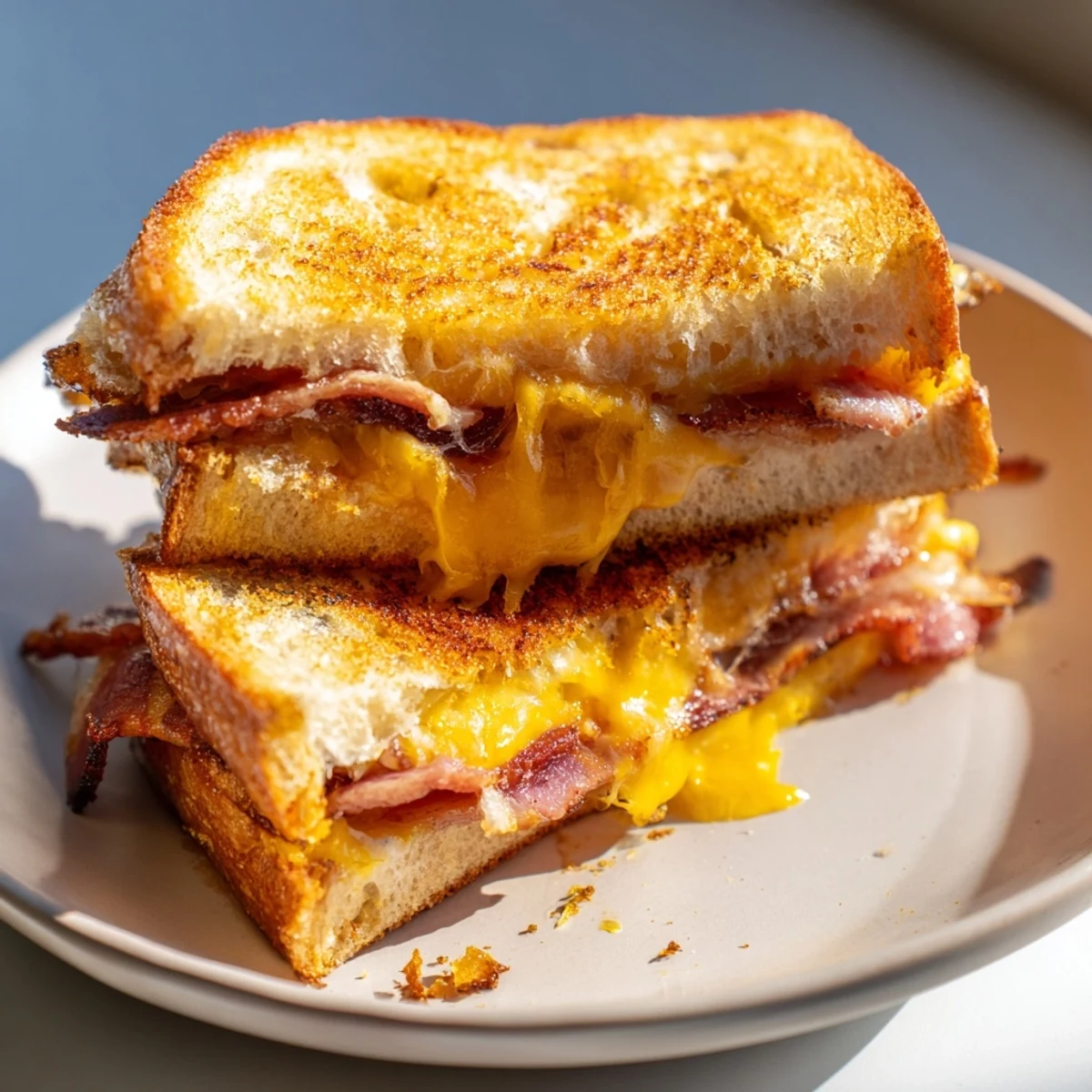 A close-up of the Gridiron Grilled Cheese shows melted cheese stretching between toasted bread and crispy beef bacon on a wooden board.