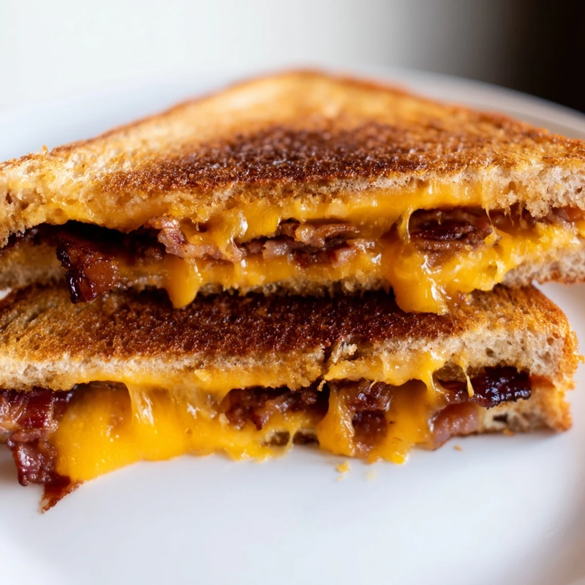 Served sliced on a rustic plate, the Gridiron Grilled Cheese reveals layers of savory beef bacon and sharp cheddar for a comforting bite.