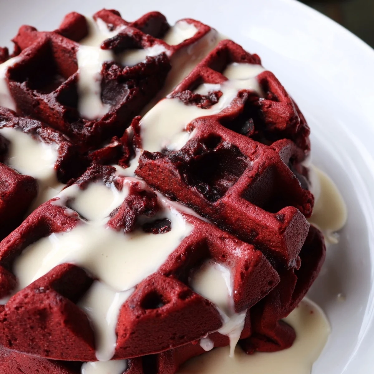 Freshly cooked Red Velvet Waffles with cream cheese syrup, their deep cocoa aroma filling the kitchen for a festive morning treat.