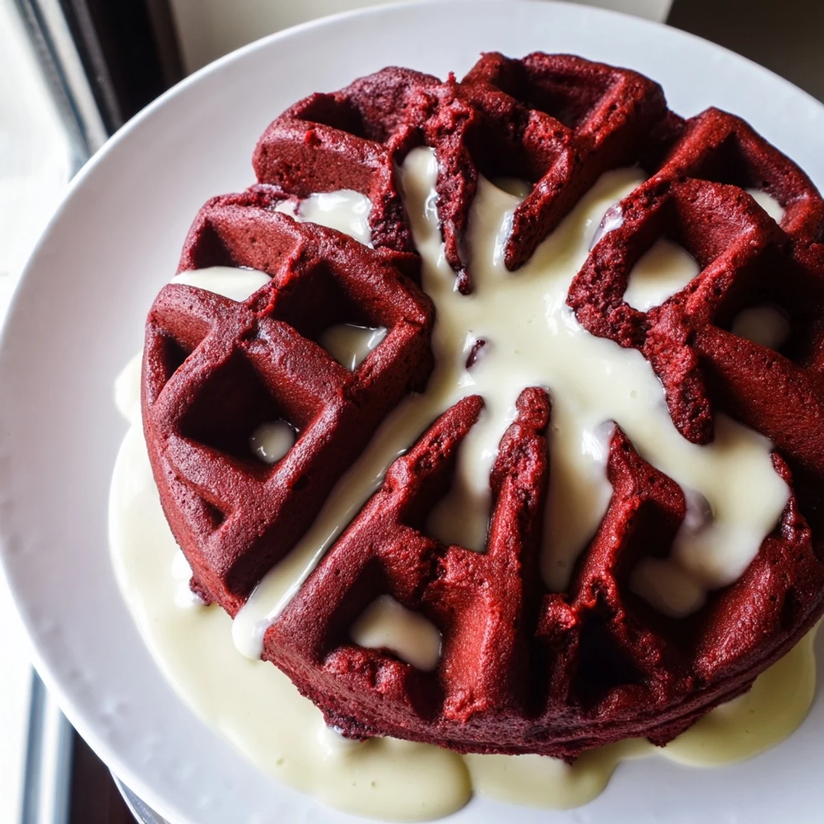 A close-up of fluffy Red Velvet Waffles topped with smooth cream cheese syrup, served warm beside fresh berries and a dusting of cocoa.