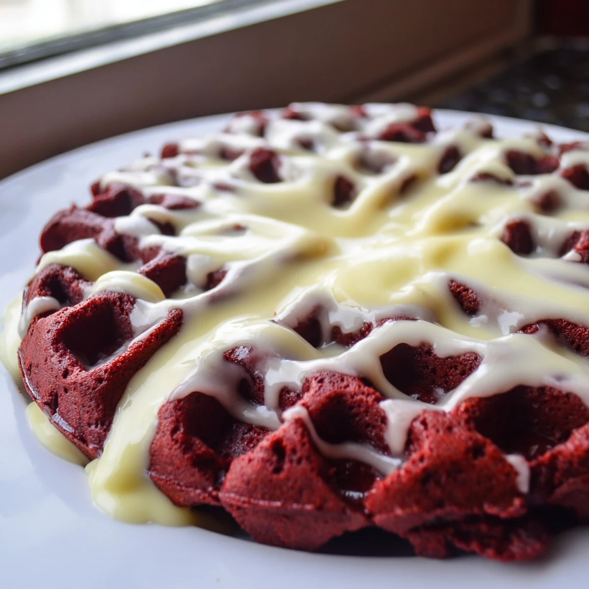 Pouring rich cream cheese syrup over golden-brown Red Velvet Waffles, creating a sweet and tangy breakfast spread perfect for a cozy brunch.