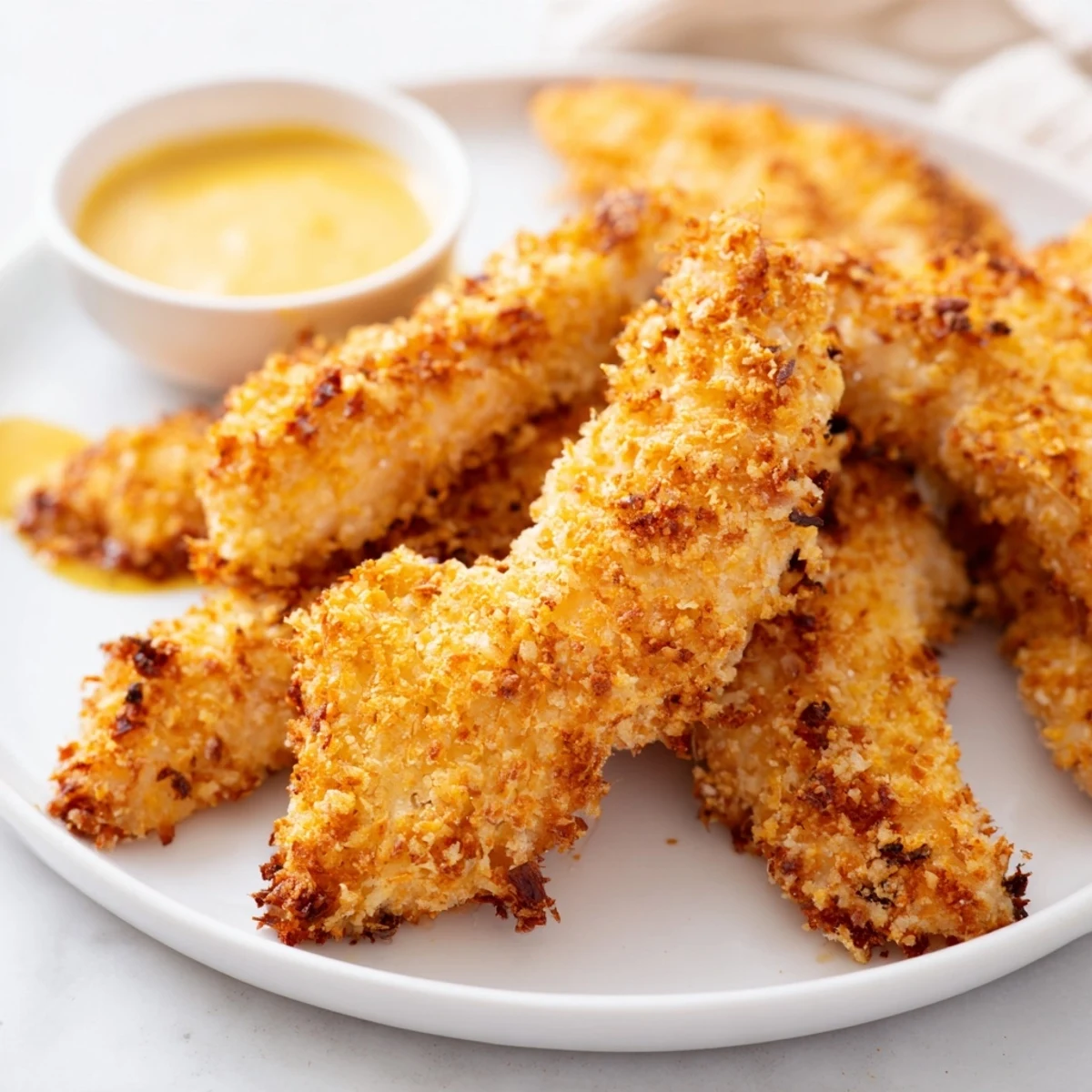 Golden-brown Crispy Baked Chicken Tenders with Honey Mustard arranged on a platter, showcasing their crunchy breadcrumb coating and juicy interior.