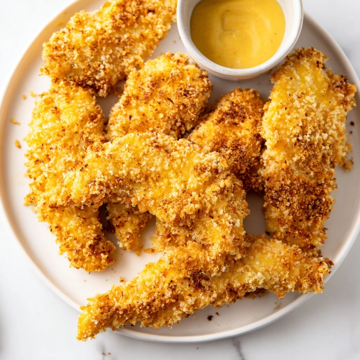 Homemade Crispy Baked Chicken Tenders with Honey Mustard served alongside a fresh garden salad for a complete family-friendly meal.
