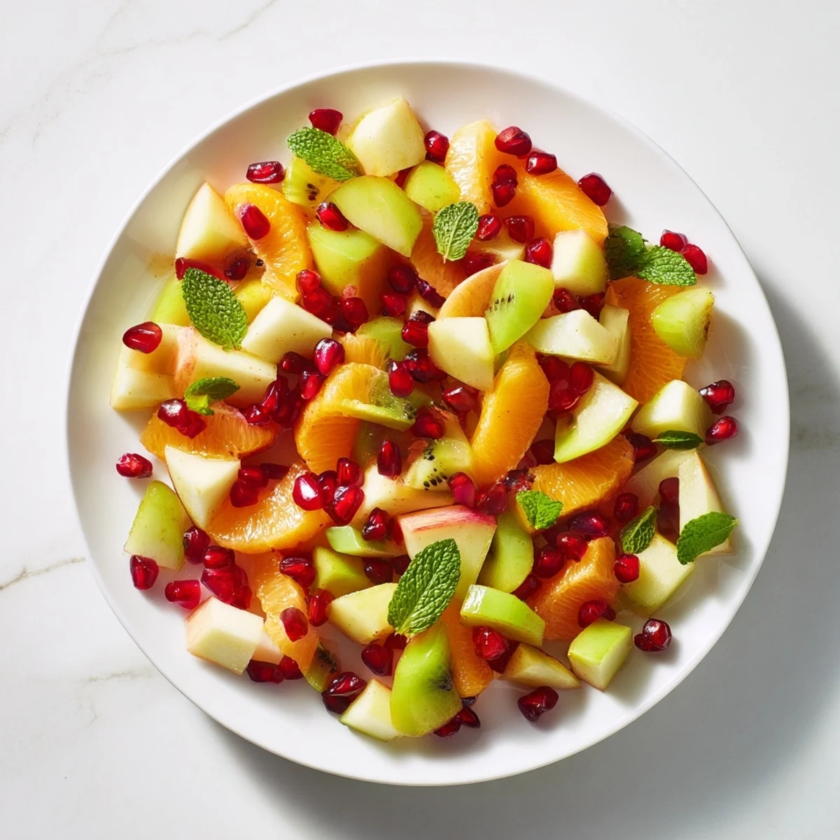 A bowl of Winter Fruit Salad with Honey Lime Mint Dressing, showcasing orange segments, diced apples, and glistening pomegranate seeds.  