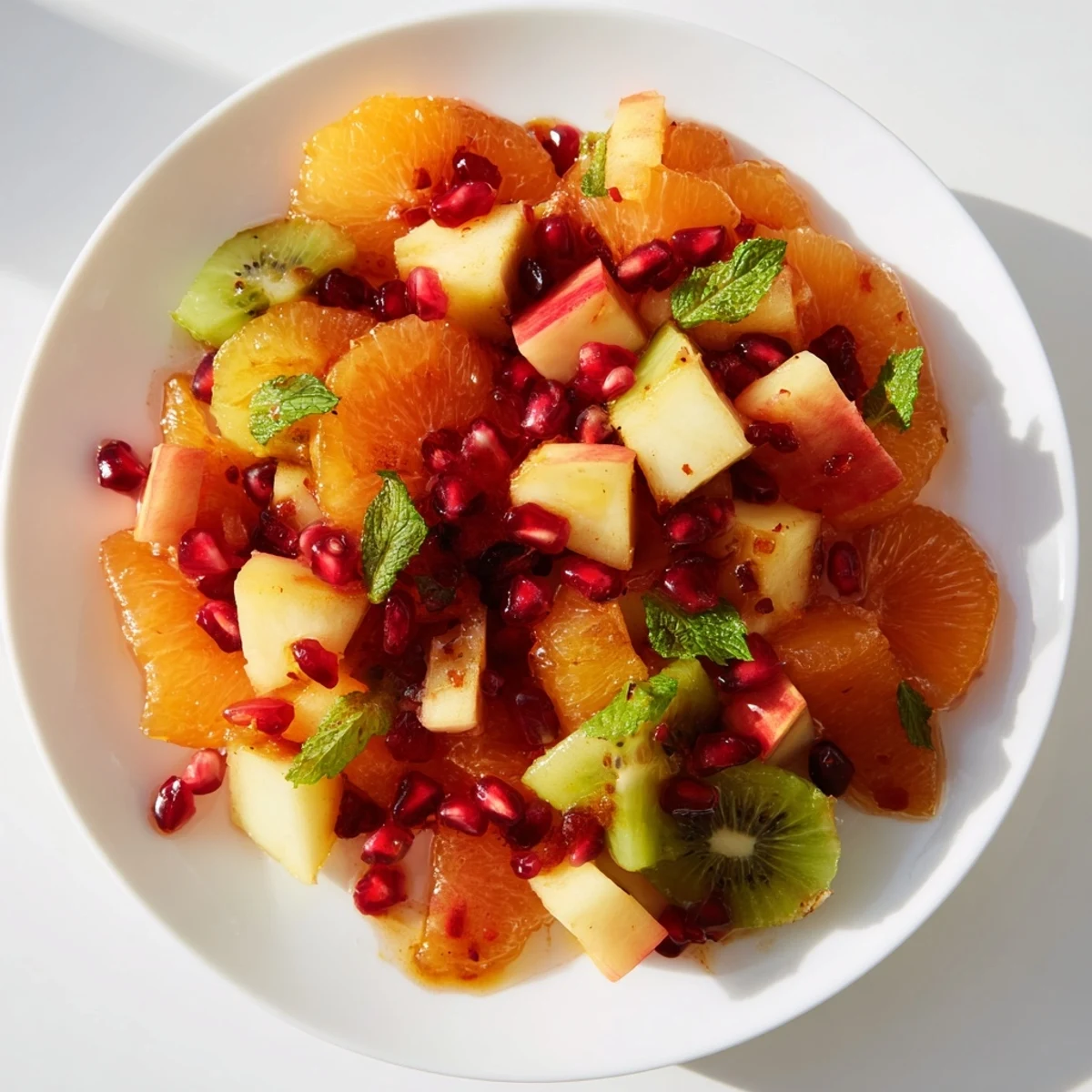 Winter Fruit Salad with Honey Lime Mint Dressing in a clear glass bowl, with kiwi slices and halved red grapes for a festive look.  