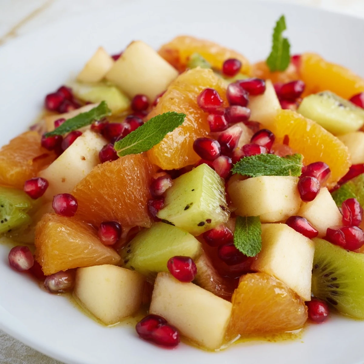 The bright Winter Fruit Salad with Honey Lime Mint Dressing sits on a marble counter, ready for a healthy snack or light dessert.