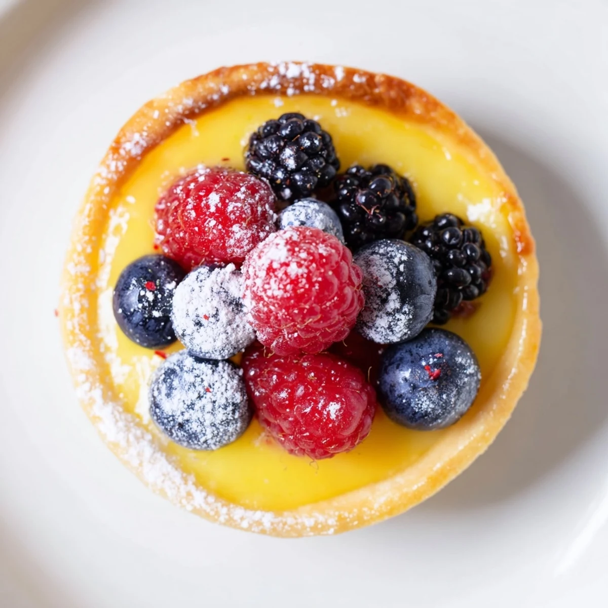 Juicy mixed berries crown the vibrant Lemon Curd Tartlets with Fresh Berries, resting on a rustic wooden board beside fresh lemons. 