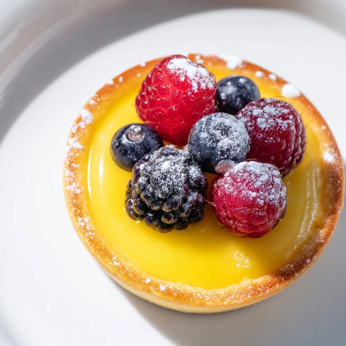 Eight golden mini Lemon Curd Tartlets with Fresh Berries are filled with bright yellow curd and topped with plump red strawberries. 