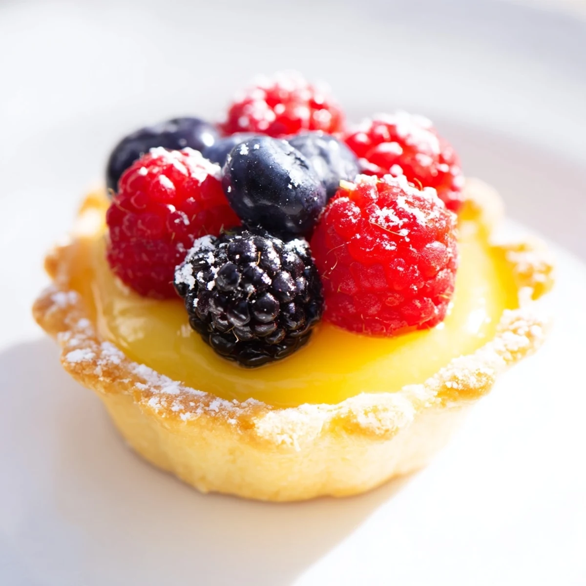 A close-up view shows the creamy texture of Lemon Curd Tartlets with Fresh Berries, dusted with powdered sugar and garnished with mint.
