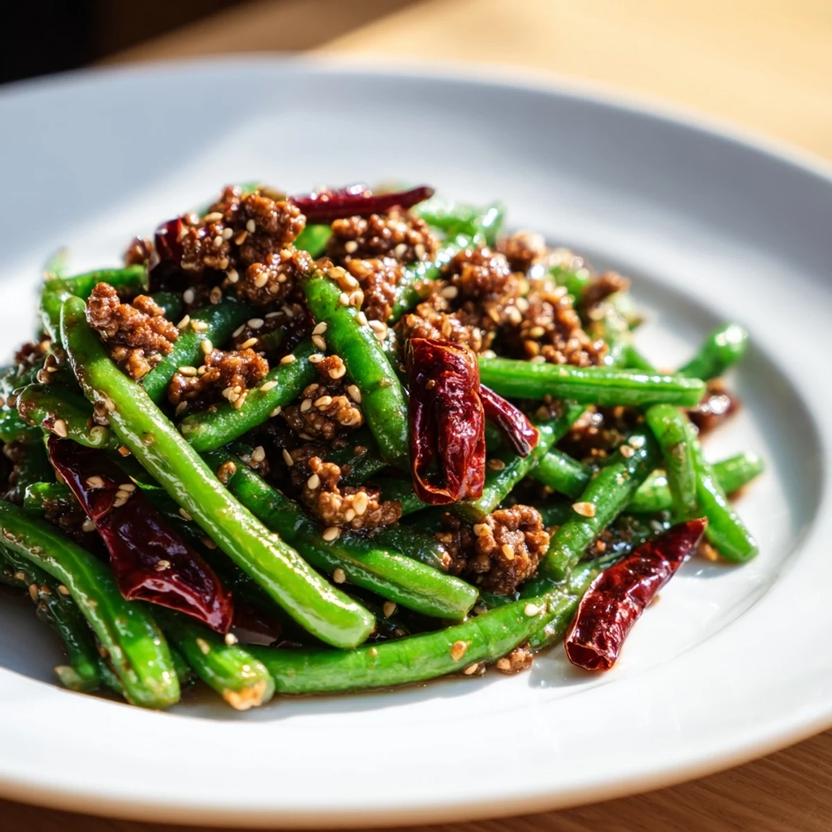 Freshly cooked Spicy Szechuan Green Beans with Minced Beef featuring tender beef, crisp beans, and vibrant red chilies in a savory dark sauce.