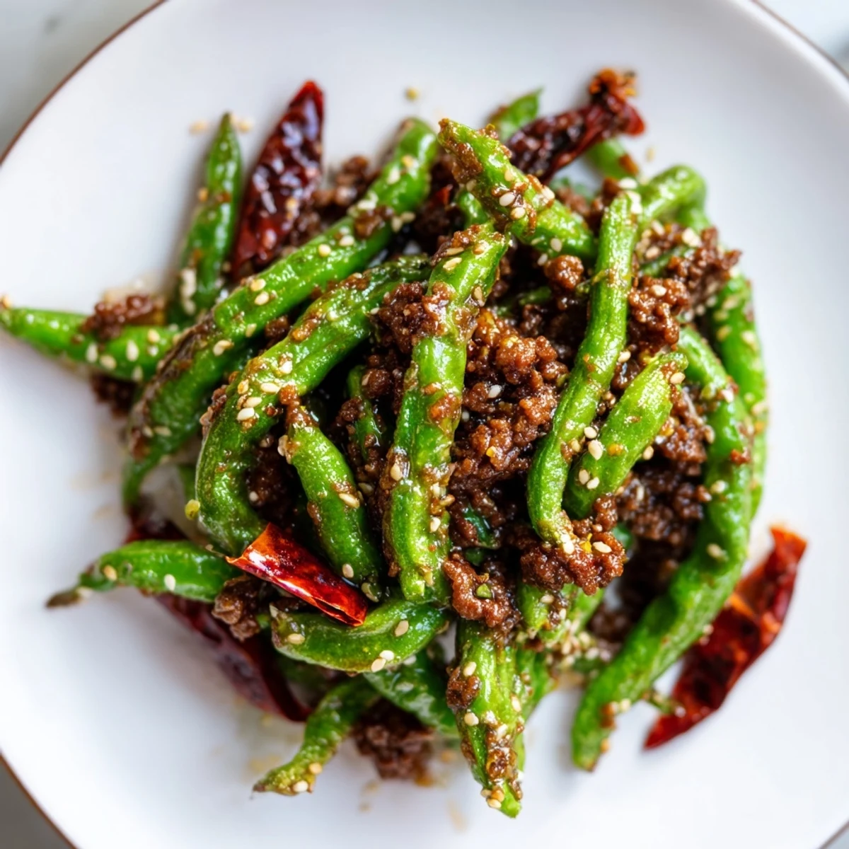 Steaming plate of Spicy Szechuan Green Beans with Minced Beef served next to a bowl of fluffy white jasmine rice for a complete meal.