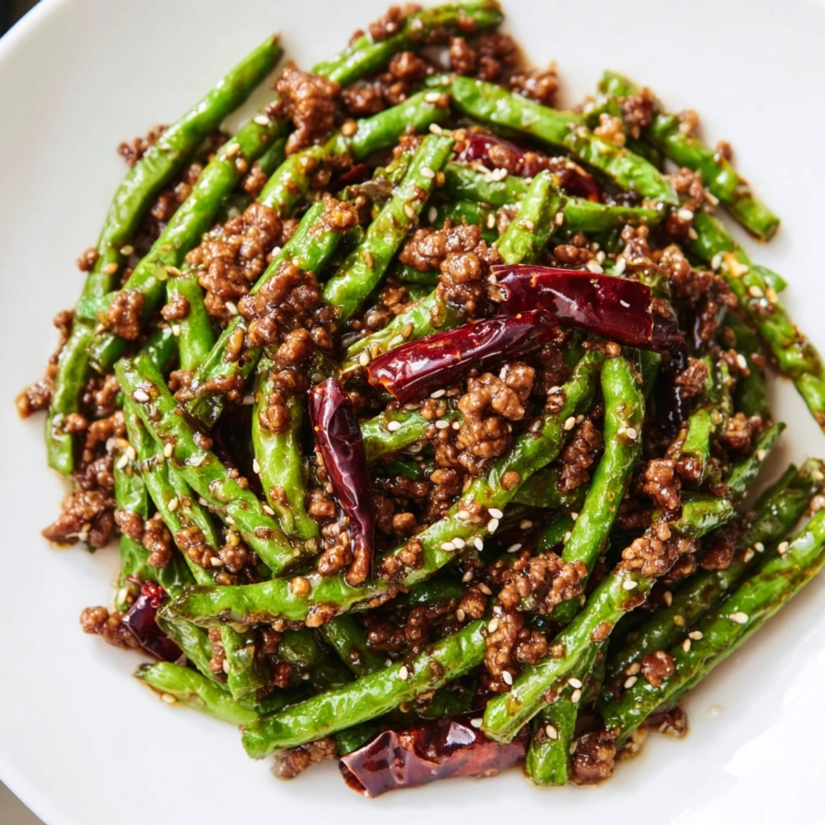 Close-up view of Spicy Szechuan Green Beans with Minced Beef highlighting glistening sauce, toasted sesame seeds, and aromatic garlic and ginger garnish.