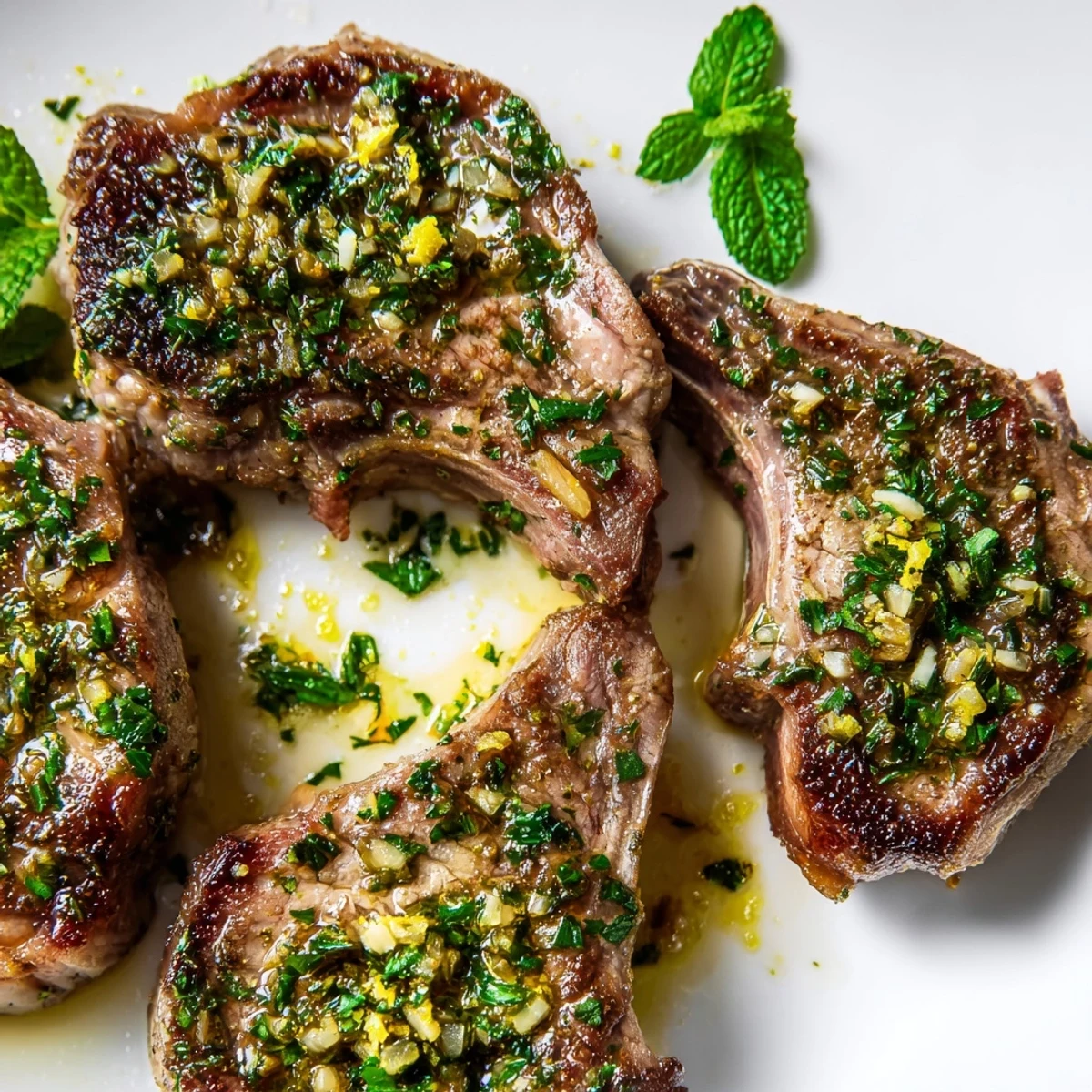 Freshly roasted lamb chops topped with vibrant mint and lemon zest, resting beside sliced cucumbers for a Mediterranean-inspired dinner presentation.  