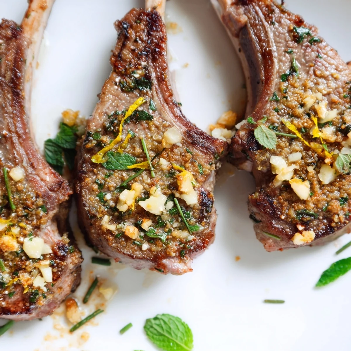 Sizzling Garlic Herb Roasted Lamb Chops emerge from the oven, aromatic herbs clinging to the meat, paired with a refreshing mint garnish.