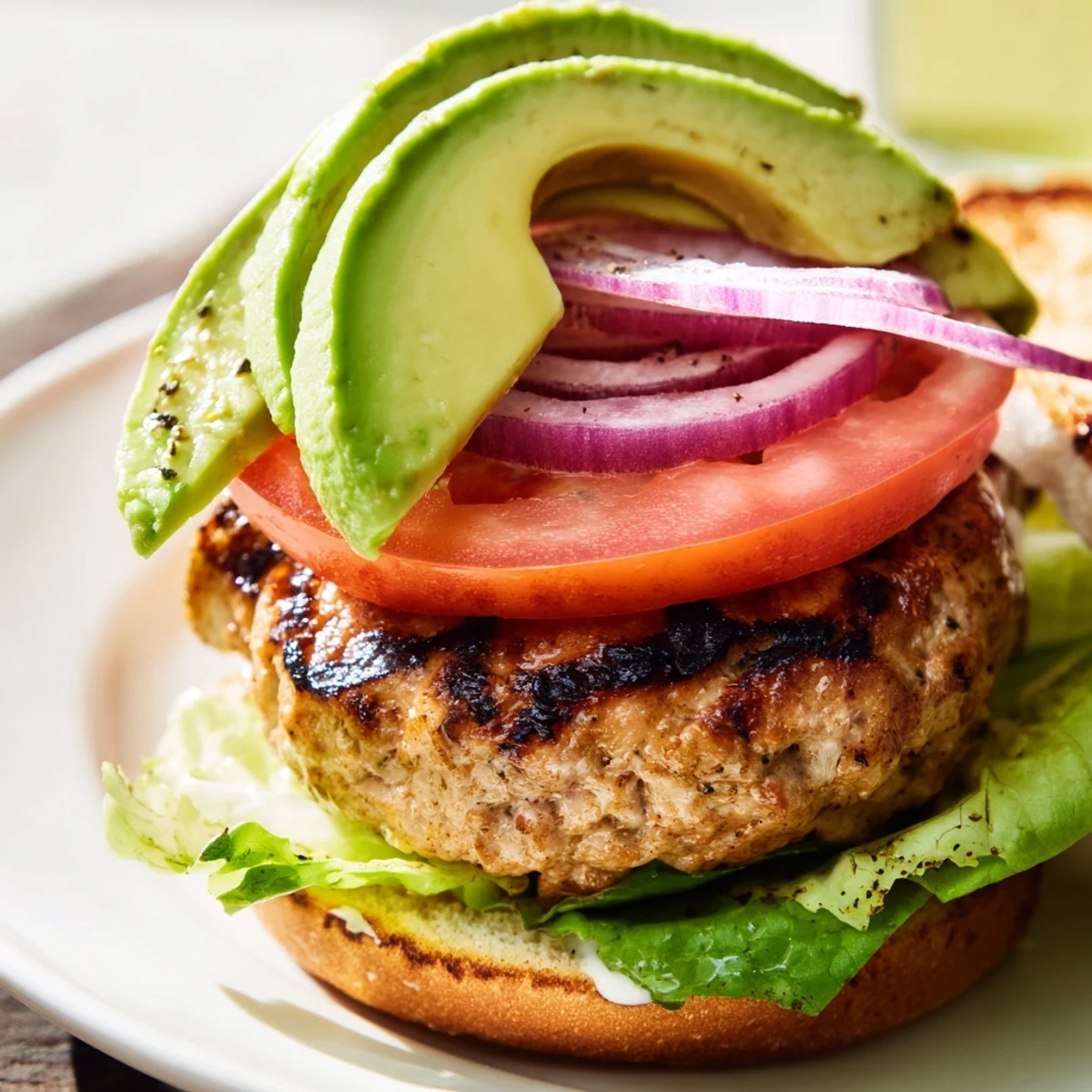 Juicy turkey burger with avocado slices nestled on a toasted bun, layered with crisp lettuce and ripe tomato for a fresh, American-inspired meal.