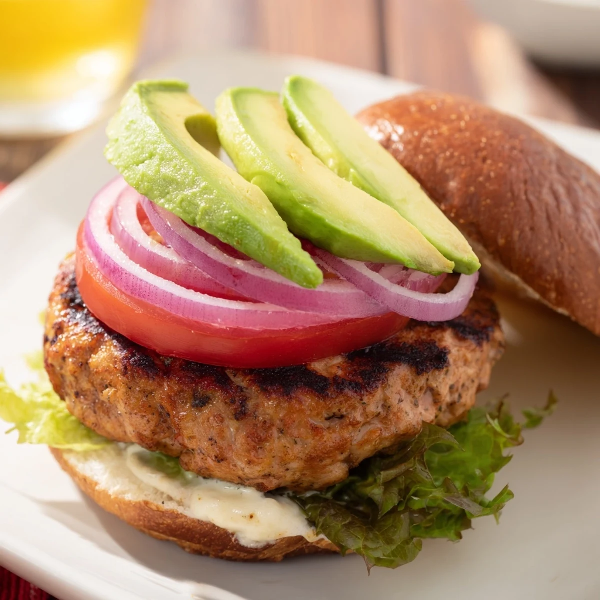 A close-up of a turkey burger with avocado slices, revealing the tender patty, fresh greens, and a toasted bun, ideal for a light lunch.