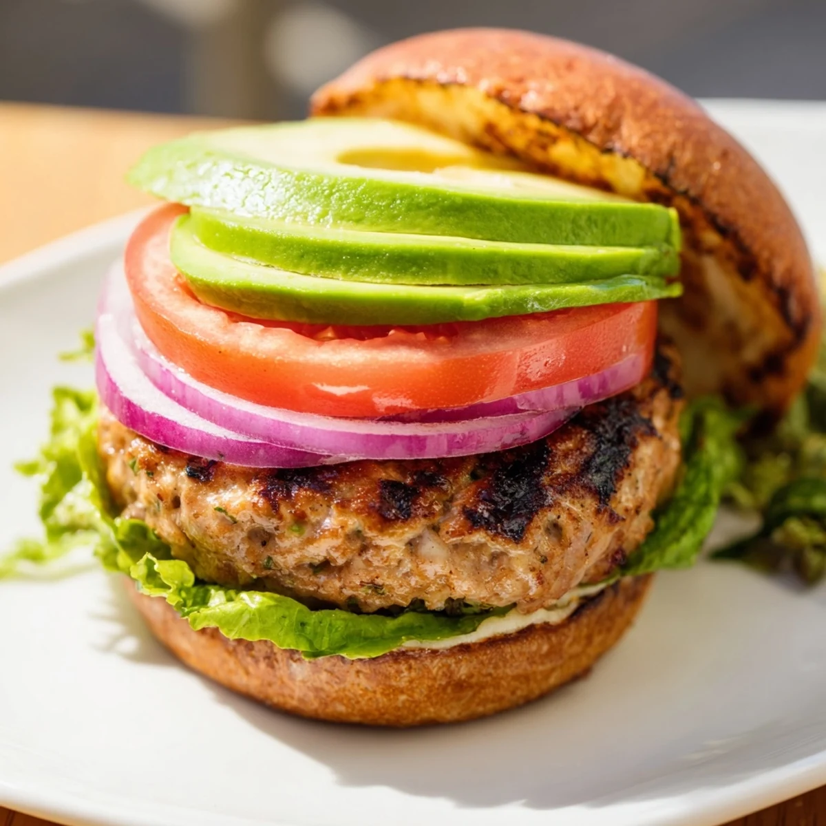 Golden-brown turkey patty topped with creamy avocado slices, served on a toasted bun with vibrant lettuce and juicy tomato, perfect for an easy dinner.