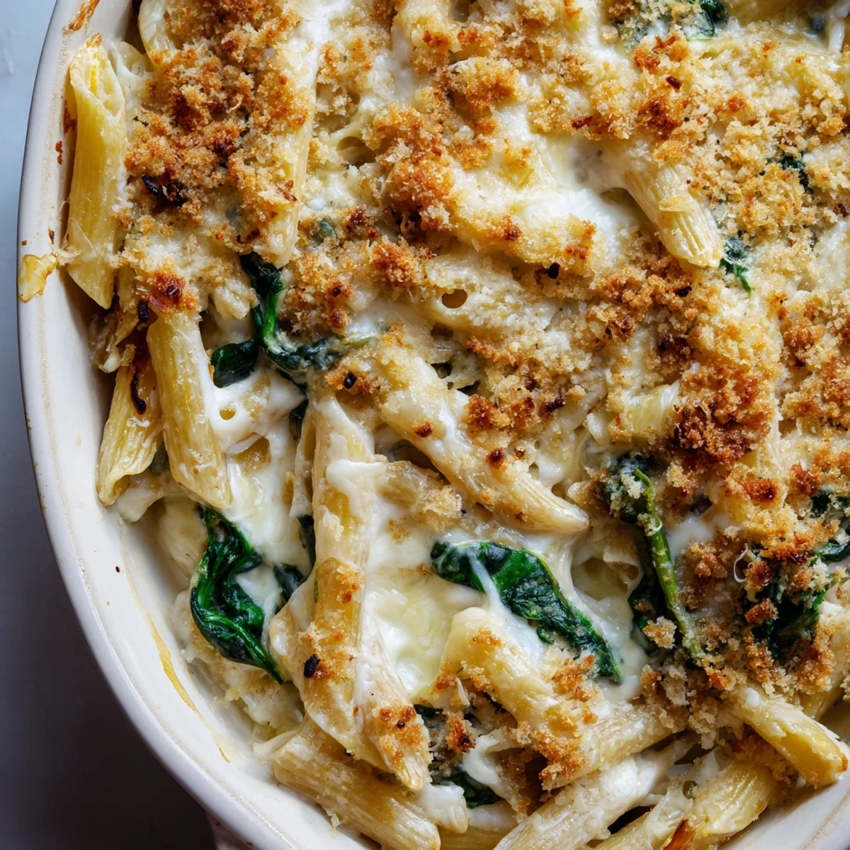 Golden-baked Creamy Spinach and Cheese Pasta Bake in a white dish, bubbling with melted mozzarella and topped with crisp panko.