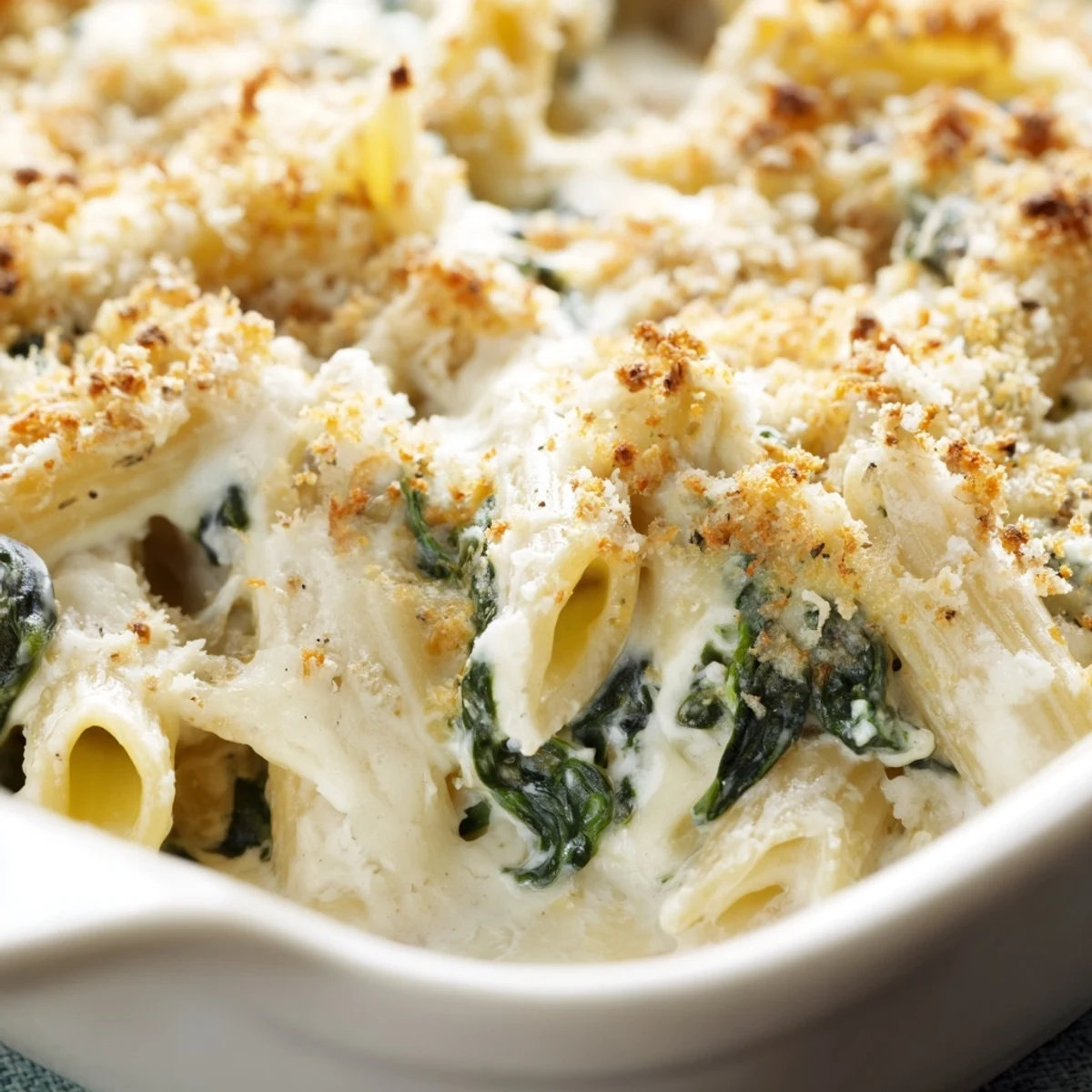 A close-up view of Creamy Spinach and Cheese Pasta Bake, revealing tender spinach leaves coated in a rich, velvety cheese sauce.