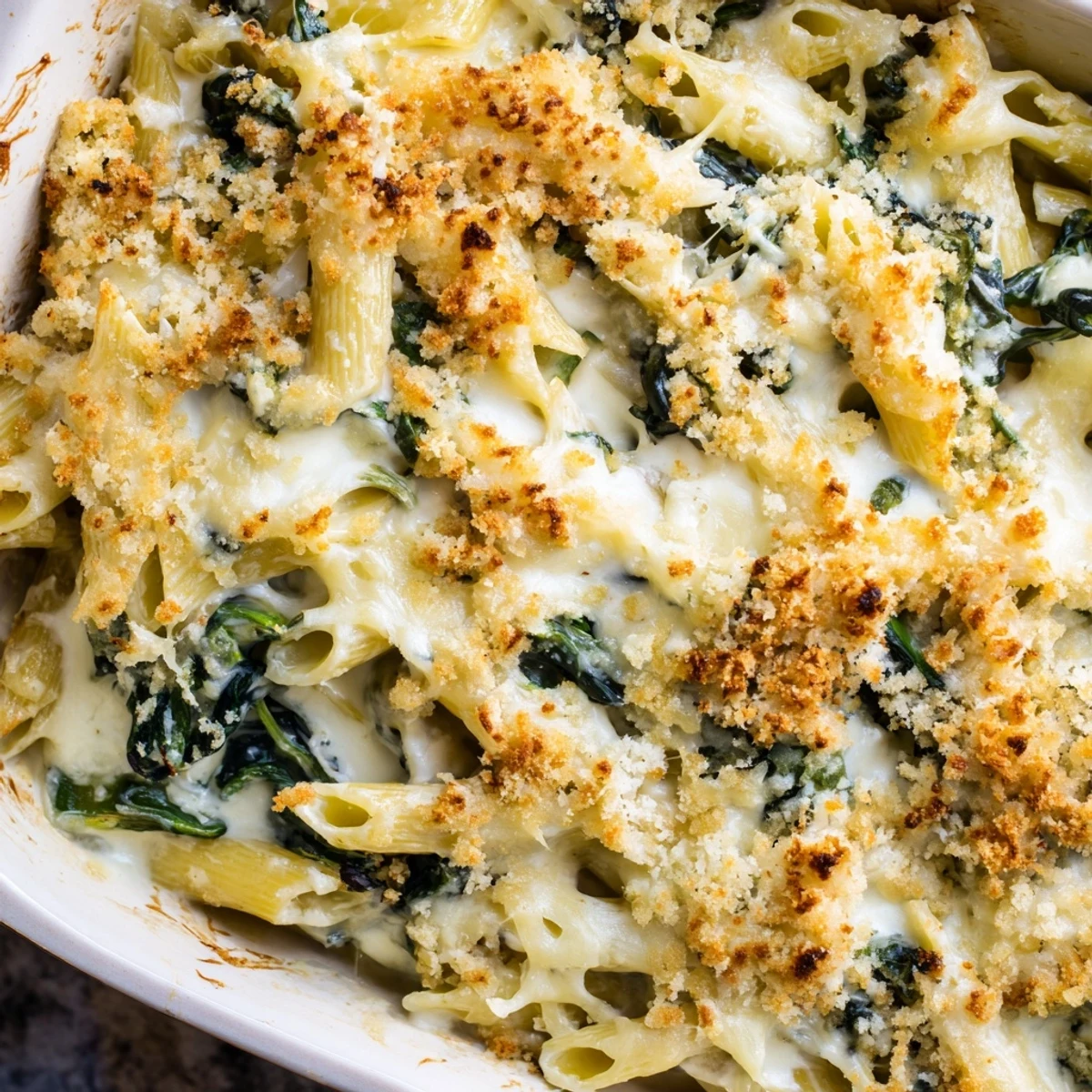 Family-style serving of Creamy Spinach and Cheese Pasta Bake, paired with a fresh green salad and ready for a comforting dinner.