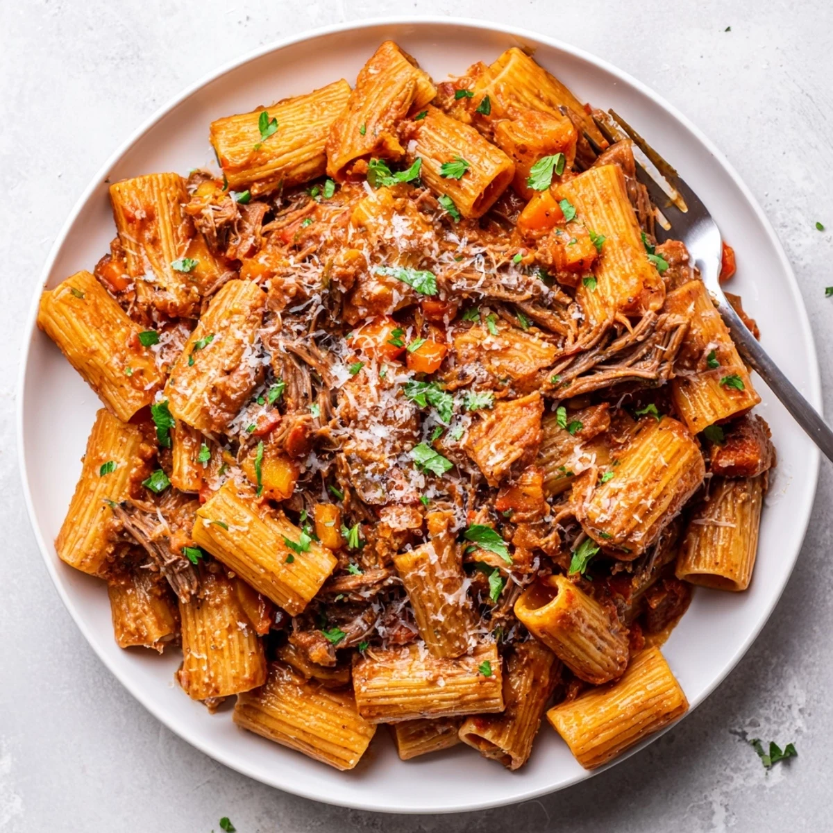 A rich, slow cooker beef ragu simmering in a ceramic pot, featuring tender shredded meat and a vibrant tomato sauce.