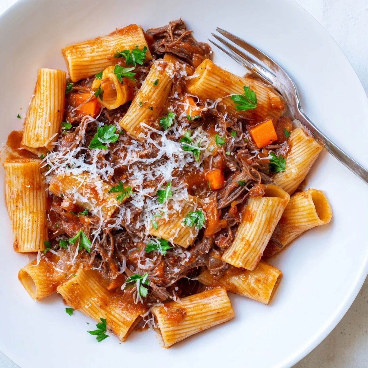 Hearty homemade slow cooker ragu with beef, garnished with fresh parsley and Parmesan, resting beside a bowl of pasta.