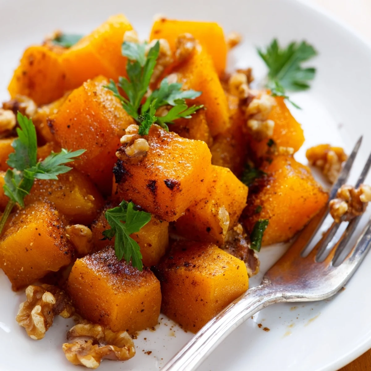 Golden cubes of roasted butternut squash glisten with caramelized brown sugar on a baking sheet, ready to serve as a warm, savory side dish.