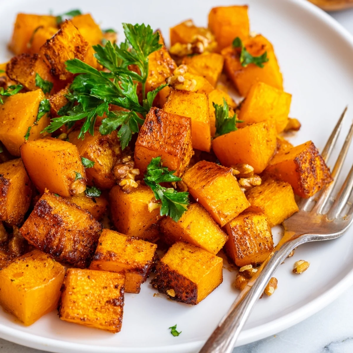 Fork-tender roasted squash with brown sugar and warm cinnamon, garnished with fresh herbs and pecans, sits in a white ceramic serving bowl.