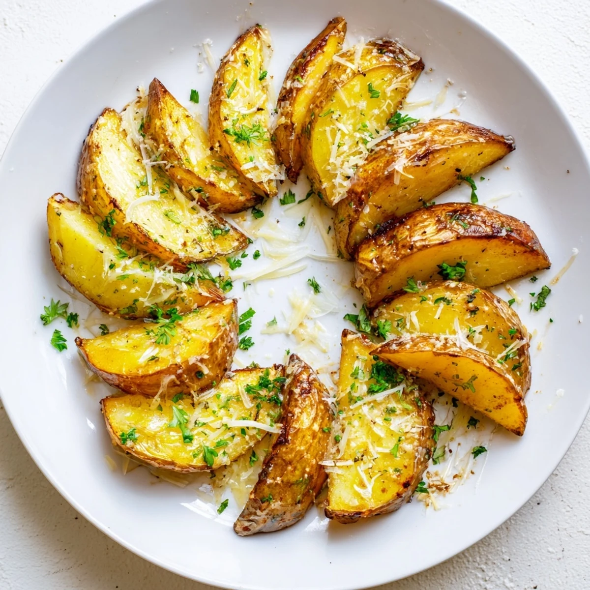 A close-up of Crispy Oven Baked Potato Wedges seasoned with paprika, garnished with parsley and parmesan cheese.